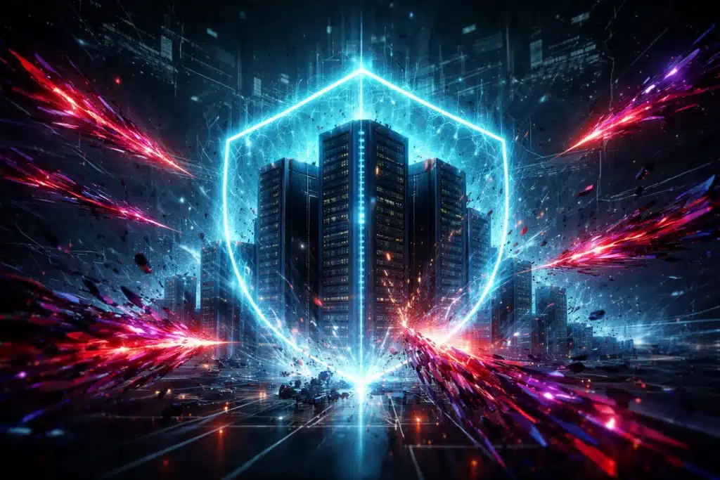 High-tech digital fortress defending against AI cybersecurity threats and sophisticated cyberattacks.